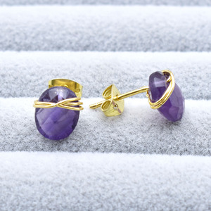 Handmade Amethyst <b>Studs</b> 8–10mm | Oval Wire Wrapped Purple Crystal Earrings | Spiritual Healing Gift - Product Image 6