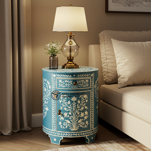 โต๊ะข้างเตียงทรงกลมลายก้างปลาฝังกระดูกสีน้ำเงินสุดหรูหราทันสมัย ผลิตด้วยมือ สำหรับห้องนอนและห้องนั่งเล่น - Product Image 1