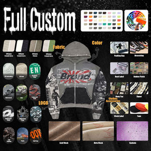 Sweat à capuche unisexe oversize en coton avec fermeture éclair, motif graphique personnalisé en strass, coupe carrée, effet délavé, style streetwear - Product Image 6