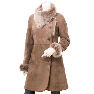 Best Selling Casual Sheepskin Women PU Leather Coat With Fox Fur Collar And Cuff Breathable Winter Long Coat for ladies