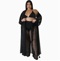 Plus Size Sheer Mesh 3-delige badpakset Halter Bikini Lange Mouwen Open Voorkant Maxi Sarong Wijde Pijpen Broek Dames Badkleding