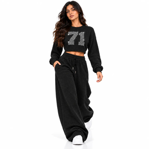 <b>Women</b> Rhinestone Cropped Hoodie Cargo <b>Pants</b> Set, Custom Streetwear Tracksuit, Sparkle Crystal <b>Sweat</b> Suit for Wholesale - Product Image 3