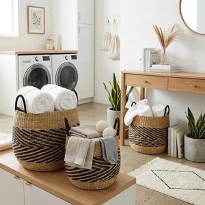 Panier de rangement rustique en jonc de mer tressé à la main – Ensemble de paniers modernes coniques tissés, multifonctionnels pour salon, jardin, cuisine - Product Image 4