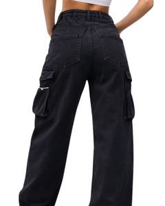 Vaqueros Cargo Negros Personalizados de Cintura Alta y Pierna Ancha con Múltiples Bolsillos, Estilo Urbano, Pantalones Casuales Holgados para Mujer, OEM Personalizado - Product Image 2