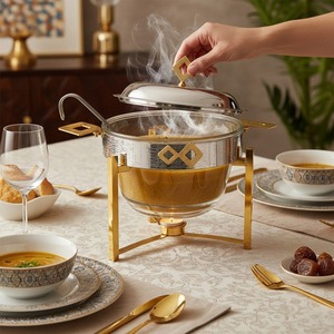 Plat de service de luxe en verre, chauffe-plats de buffet en acier inoxydable, rond, ovale, double, soupière, avec support doré ou argenté pour hôtel - Product Image 3