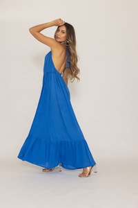 Nouvelle Arrivée Robe Formelle Longue Écologique Bleue 100% Coton à Col Halter Coupe Trapèze Taille Naturelle pour Femme - Product Image 2