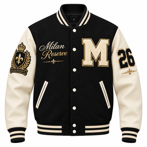 แจ็คเก็ตเบสบอลแบบ Varsity สีดำรุ่น Custom Milan Reserve สำหรับคลับหรูหรา พร้อมบริการขายส่งแบบ OEM ODM  ปักอักษรแบบ Letterman และปักโลโก้แบบ Chenille ตามสั่ง - Product Image 3
