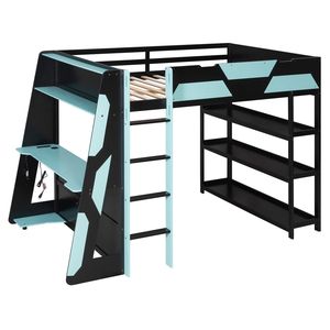 Full Size <b>Gaming</b> Loft Bed with Desk Shelves and LED <b>Lights</b> in Black & Blue - Product Image 3