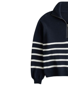 <b>Men's</b> Navy Striped Quarter Zip <b>Sweater</b> Lantern Sleeve Knitted Pullover Turn-down Collar Winter Wear Anti-Pilling 100% Cotton - Product Image 5