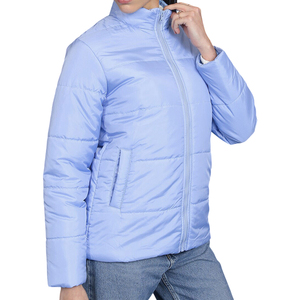 Veste matelassée bleu clair pour femme, col montant, manches longues, manteau d'hiver matelassé, couleur unie, fermeture éclair, coupe classique - Product Image 3