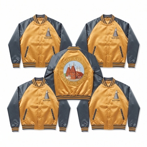 Wholesale B2B Supplier Grey Cream Satin Varsity Jacket Snap Button Custom Embroidered Riven Timber Collective Baseball <b>Coat</b> - Product Image 5