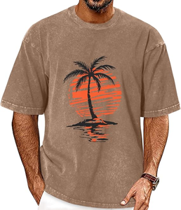Camiseta Casual de Manga Corta para Hombre con Estampado de Palmeras al Atardecer, Cuello Redondo, Corte Regular, 100% Algodón Jersey, Diseño Transpirable - Product Image 1