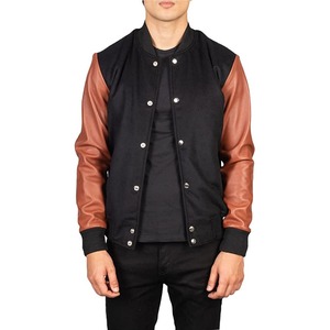 Men's Black With Brown PU Leather Sleeves Stand Collar Button Closure Casual Regular <b>Fit</b> Varsity <b>Jacket</b> Available For Sale - Product Image 1