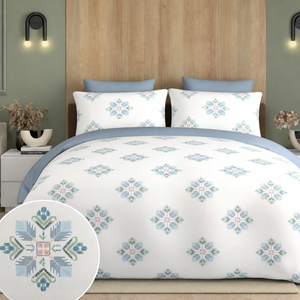 Sábana Super King 120x120* 100% Algodón Puro con Estampado de Motivos Blancos y Acuáticos |   Ropa de Cama de Lujo Suave y Transpirable con 2 Fundas de Almohada. - Product Image 1