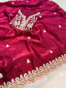 Sari en velours bordeaux AARA Fashion avec broderie dorée, protection solaire, toutes saisons, pour mariage, femmes, traditionnel indien, longueur au sol - Product Image 6