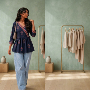 Kurti en coton bleu marine brodé pour femme, coupe ample, style ethnique, haut décontracté, à porter toute l'année, mode Inde Pakistan - Product Image 5