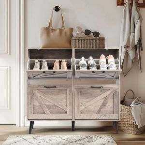 Porta Scorrevole a Maniglia Singola con 4 Cassetti Ribaltabili in Metallo Nero e Legno Massello su Scatole e Organizzatori per Scarpe in Plastica Nera - Product Image 1