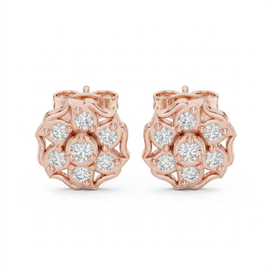 Pendientes de Oro Rosa con Flor y Diamantes Redondos de Corte Brillante, Engaste de Garra, Joyería Fina Clásica para Compromiso o Uso Religioso para Mujer - Product Image 1