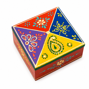 Boîte de rangement en bois peinte à la main – Boîte décorative indienne colorée pour cadeaux et bijoux - Product Image 1