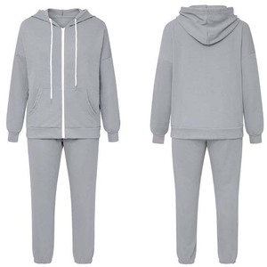 Conjunto Deportivo Unisex Gris con Capucha, Sudadera y Pantalones de Manga Larga de Color Sólido con Bolsillos Laterales y Cierre con Cordón para Otoño - Product Image 1