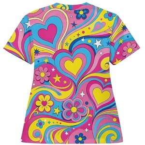 Blouse d'uniforme d'hôpital pour femmes, imprimé floral coloré en forme de cœur, manches courtes, col en V, polyester - Product Image 2