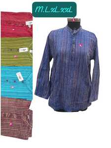 เสื้อคุร์ตาผู้ชายสไตล์ลำลองแนวสตรีทแฟชั่น แขนยาว ลายทาง คอจีน ผ้า 100% เสื้อเชิ้ตแขนสั้นลำลองผู้ชาย ไซส์ M L XL 2XL - Product Image 1