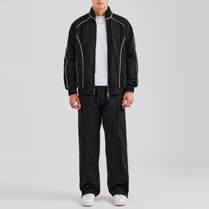 Ensemble de survêtement noir pour homme, couleur unie, à capuche, taille élastique, respirant, coupe-vent, en polaire 100 % polyester, style sportif - Product Image 5