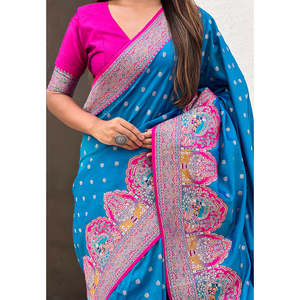 Sari de Seda Darbari Azul Elite Weaves con Tejido Zari, Ropa India y Pakistaní, 700g - Product Image 5