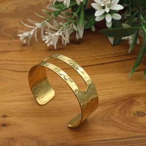 Gold Plated Hammered Wide Cuff <b>Bracelet</b> | Open Bangle Wrist Jewelry Statement <b>Bracelet</b> for Women Minimalist Handcrafted - Product Image 1
