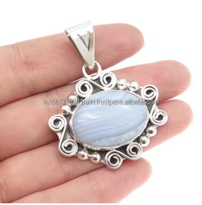 จี้อาเกตลูกไม้สีฟ้าจี้อัญมณีชุบเงินสเตอร์ลิงจี้ชาติพันธุ์จี้สร้อยคอทำด้วยมือสำหรับเป็นของขวัญสำหรับคุณแม่ - Product Image 1