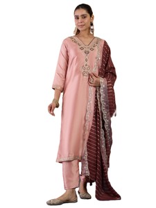 Ensemble 3 pièces pour femmes, kurta en soie à broderies florales, pantalon droit, dupatta en chanderi, salwar kameez traditionnel indien, tenue de fête pakistanaise - Product Image 5