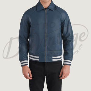 Chaqueta Bomber de Cuero Genuino Azul para Hombre con Cuello Clásico de Camisa y Puños Acanalados a Rayas, Prenda Deportiva de Cuero Completo de Primera Calidad - Product Image 1