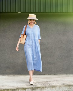 Elegant Sky Blue Cotton Linen Plain Maxi <b>Dress</b> With V-Neck Boho <b>Loose</b> Fit Short Sleeve Summer Casual <b>Dress</b> For Women - Product Image 1