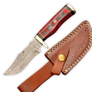 Cuchillo de caza de acero de Damasco personalizado OEM de Edge Master Manufacture, cuchillo de supervivencia Bushcraft de hoja fija con mango de madera roja y cuero. - Product Image 1