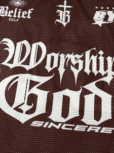 Maillot de football américain entièrement personnalisé en maille 100 % polyester marron avec motif graphique gothique et panneau léopard, col en V, conception OEM en gros - Product Image 5