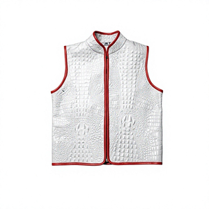 ELITE CRAFT INDUSTRY <b>Men's</b> <b>White</b> Genuine Leather Motorcycle <b>Vest</b> with Red Trim Stand Collar Zipper Closure Winter Outerwear - Product Image 4