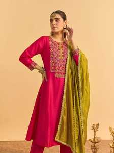 Traditional Indian Vichitra <b>Silk</b> Embroidered Green & <b>Pink</b> Party Suit Dupatta Women Wedding Wear All Seasons Vichitra <b>Top</b> Bottom - Product Image 3