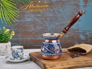 Cafetera Turca de Cobre con Diseño Floral Azul, Estilo Clásico, Asa Resistente al Calor, Juego de Utensilios de Cocina para Preparar Café y Té - Product Image 2