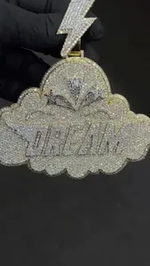 Pendentif Unisexe Luxe Plaqué Or Argent 925 Personnalisé avec Logo et Nom, Motif Nuage Éclair Moissanite Glacée Hip Hop - Product Image 2