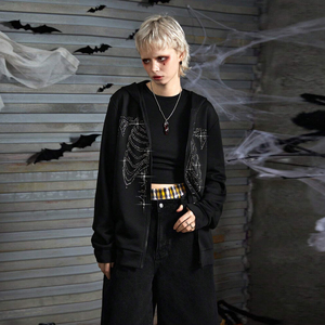 Gothic Bomber <b>Jacket</b> with Sequin Skeleton Print Long Zipper Closure Unisex Winter Streetwear Style Fleece Anti-Pilling - Product Image 2