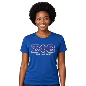 Camiseta Zeta Phi Beta Line Crossing para Mujer, Azul Rey, Aplique de Letras Griegas en Sarga, Primavera 2023, Cuello Redondo, Manga Corta, Camiseta de Hermandad - Product Image 1