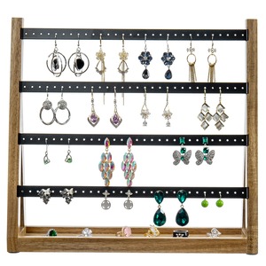 Organisateur de bijoux en bois avec barres métalliques noires pour boucles d'oreilles et bagues, support de présentation - Product Image 1