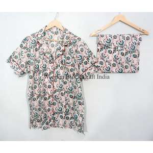 Conjunto de Pijama para Mujer, Hecho a Mano, Elegante, Transpirable, con Estampado Digital, Manga Corta, 100% Algodón Puro, Estampado Floral, Verano-Otoño, Venta al Por Mayor - Product Image 2