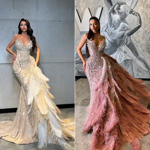 Luxury Blush Pink Feather Mermaid Evening Gown for Women Heavy Hand Embroidered Crystal Work Designer <b>Prom</b> <b>Dress</b> Wedding Gown - Product Image 5