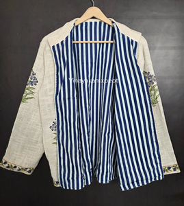 Veste matelassée artisanale en coton et lin velours beige, broderie florale à la main, écologique, respirante, légère, longue, pour l'hiver - Product Image 4