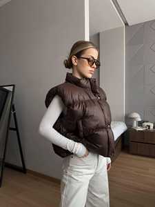 Chaleco Acolchado para Mujer, Chaqueta sin Mangas con Capucha, Cierre de Cremallera, Color Sólido, Estilo Casual, Tejido de Mezclilla - Product Image 2