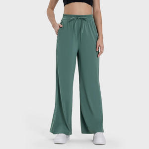 Pantalon large pour femme, couleur unie, tricoté en spandex et polyester, taille à cordon, coupe ample, décontracté, longueur complète, vert - Product Image 4