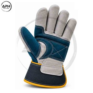 Gants de travail bleu sarcelle, moutarde et anthracite avec paume multi-panneaux, surpiqûres contrastées et poignets larges – Vêtements de travail personnalisés - Product Image 3