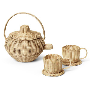 Juego de té de ratán hecho a mano con cariño para niños en edad preescolar, combo de tetera y taza en miniatura tejidas. - Product Image 1