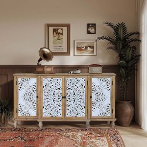 Mobiletto a 4 ante con finitura effetto legno anticato, ripiani regolabili e design intagliato a giorno unico, ideale per cucina o soggiorno - Product Image 4